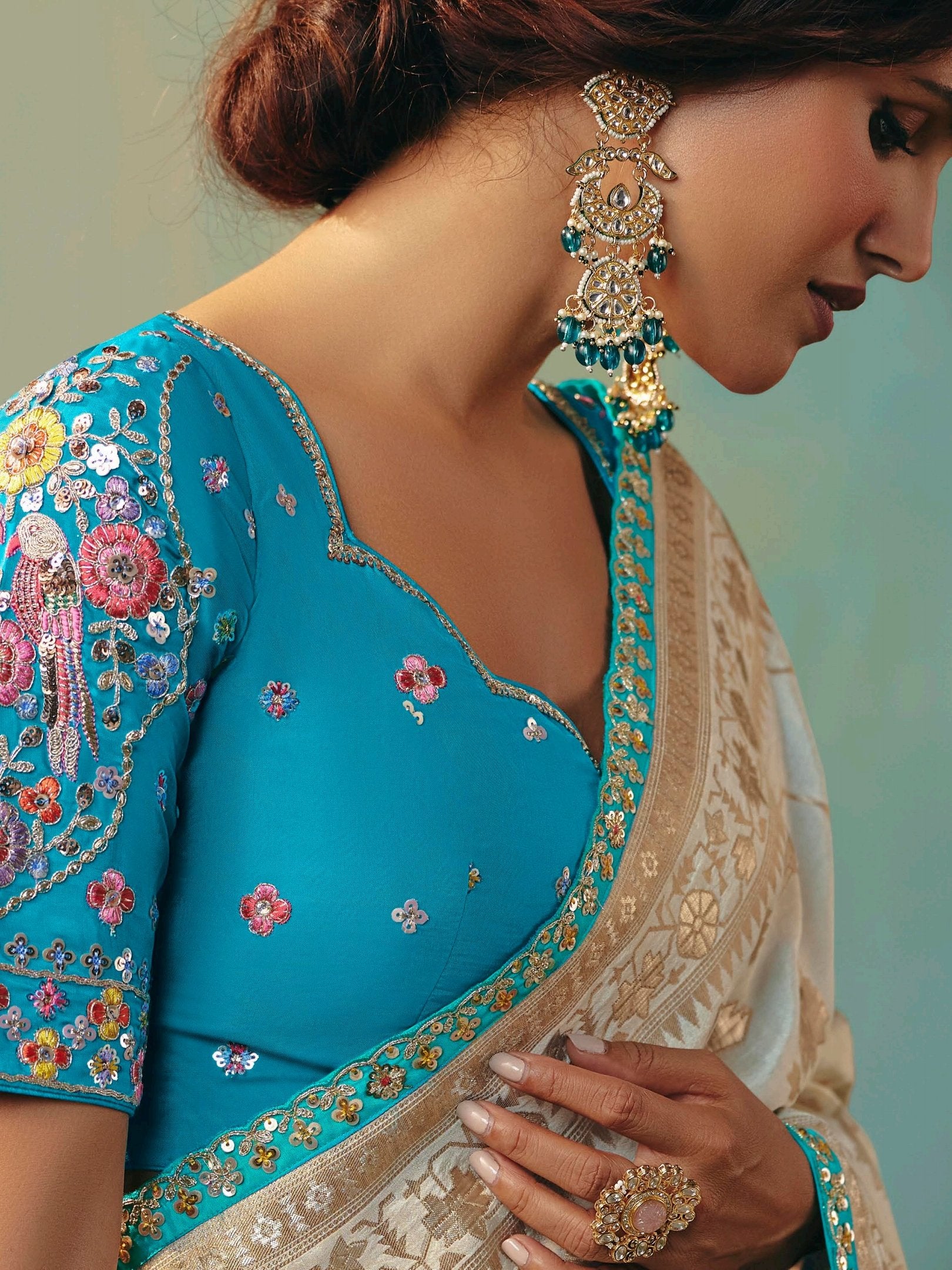 Elegant Off-White Zari Weaving Tissue Evening Wear Saree With Blouse