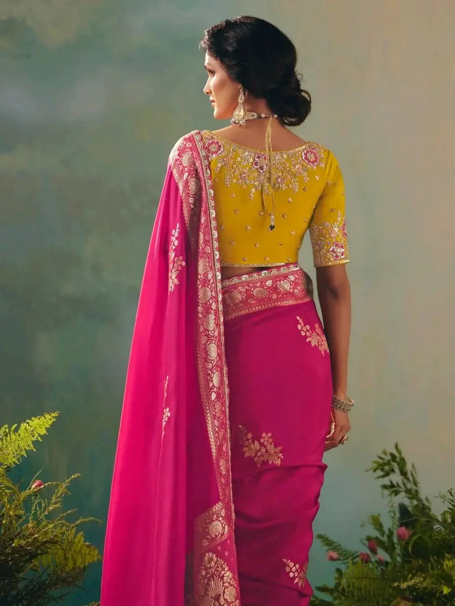 Pretty Rani Pink Sequin Tissue Engagement Wear Saree With Blouse