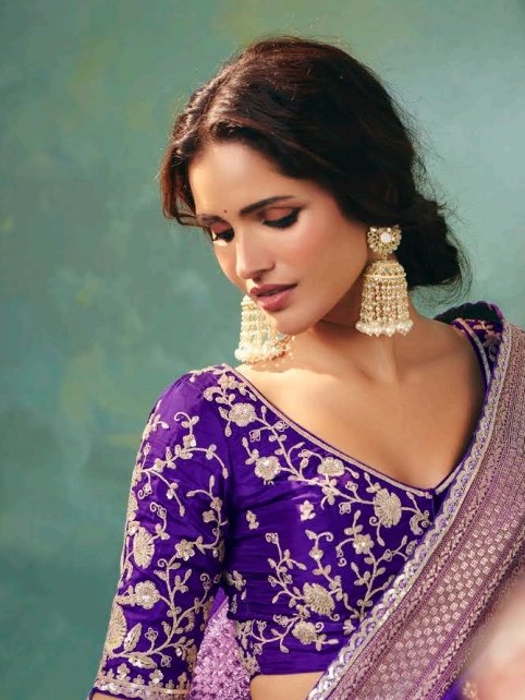 Alluring Lavender Sequins Work Tissue Wedding Wear Saree With Blouse