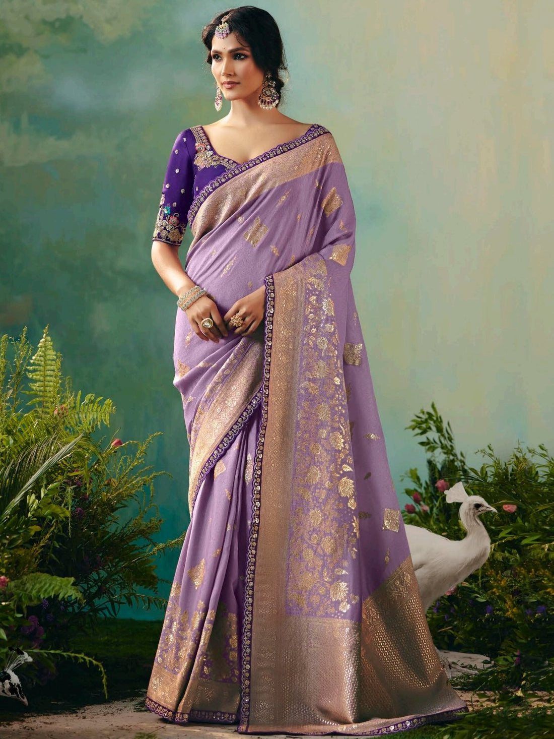 Alluring Lavender Sequins Work Tissue Wedding Wear Saree With Blouse