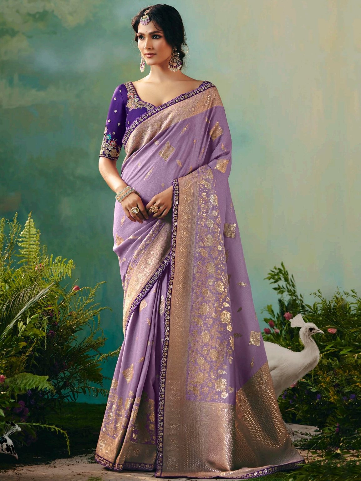 Alluring Lavender Sequins Work Tissue Wedding Wear Saree With Blouse