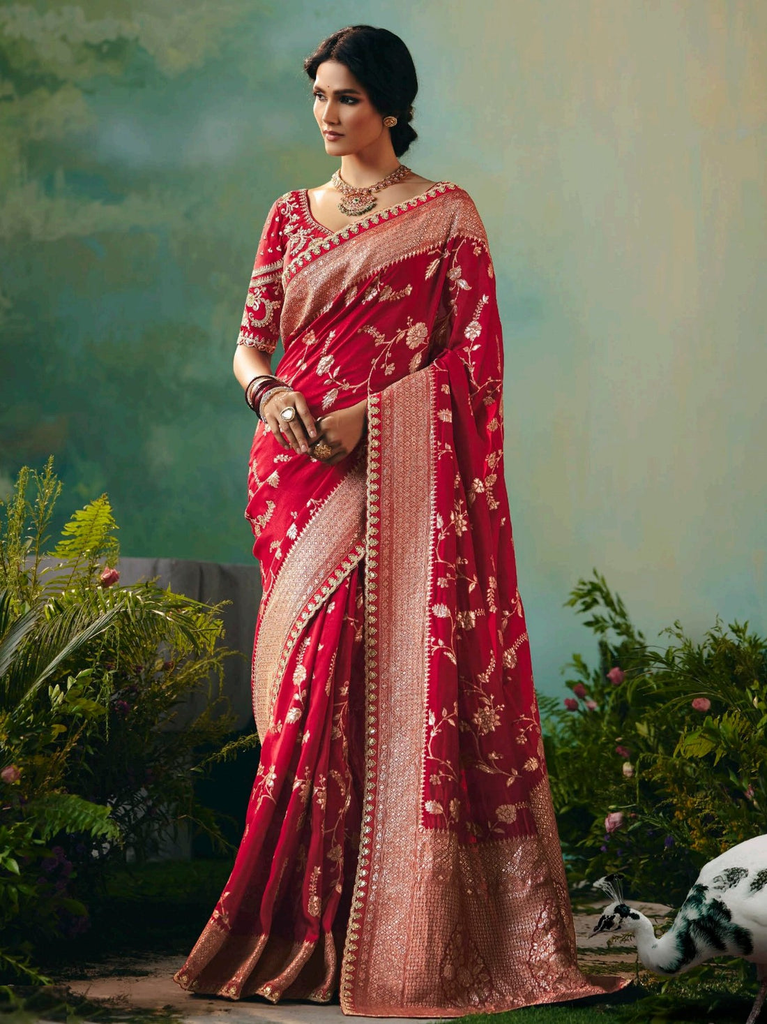 Marvelous Red Zari Weaving Tissue Bridal Saree With Blouse