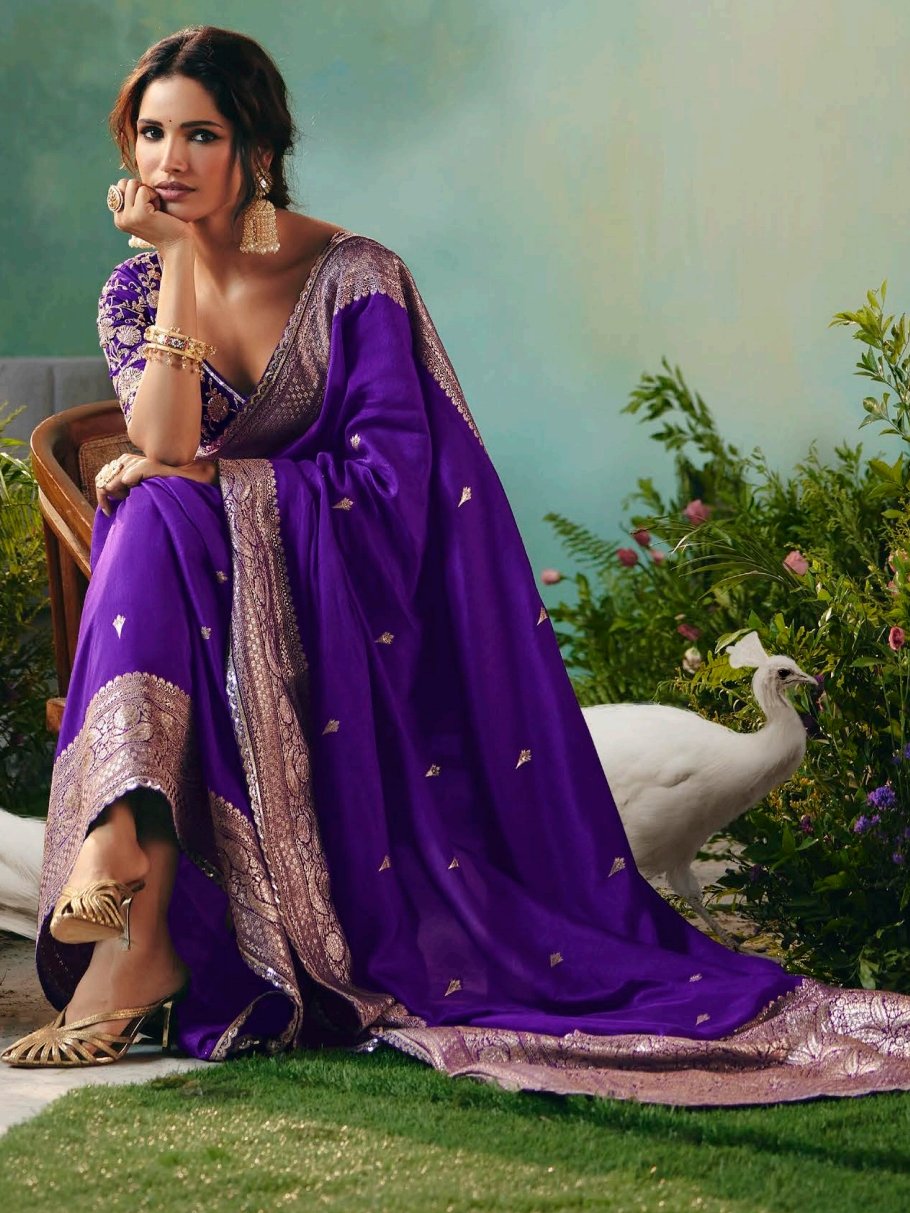Incredible Purple Hand Work Tissue Wedding Wear Saree With Blouse