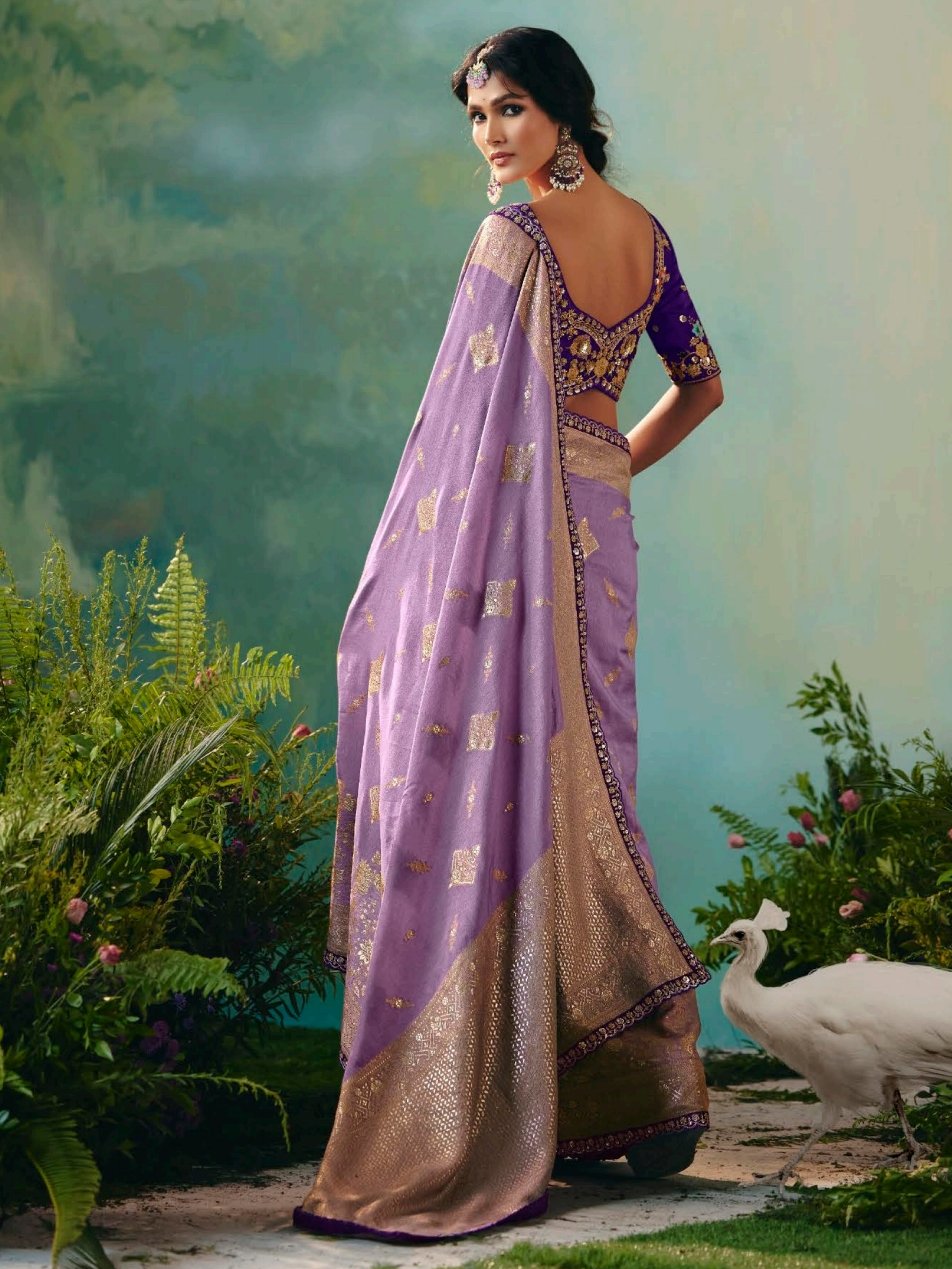 Alluring Lavender Sequins Work Tissue Wedding Wear Saree With Blouse