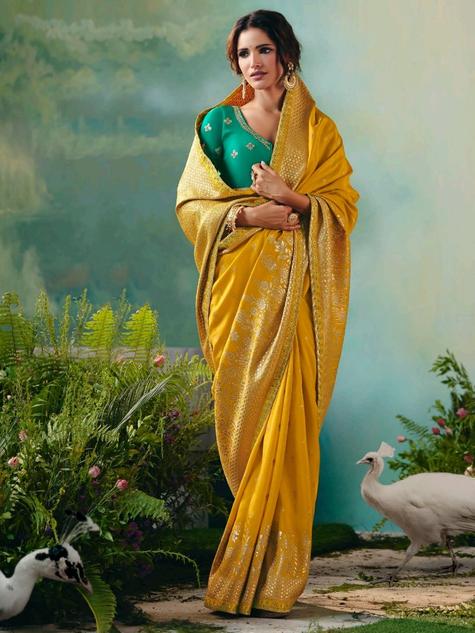 Super Mustard Yellow Embroidered Tissue Event Wear Saree With Blouse