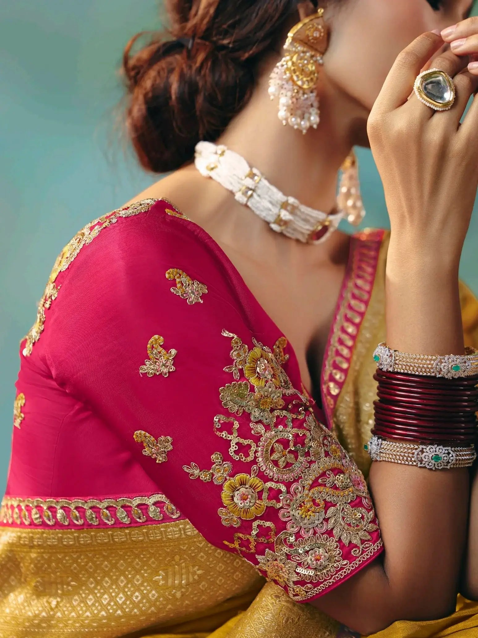 Stunning Mustard Yellow Floral Embroidery Tissue Haldi Wear Saree With Blouse