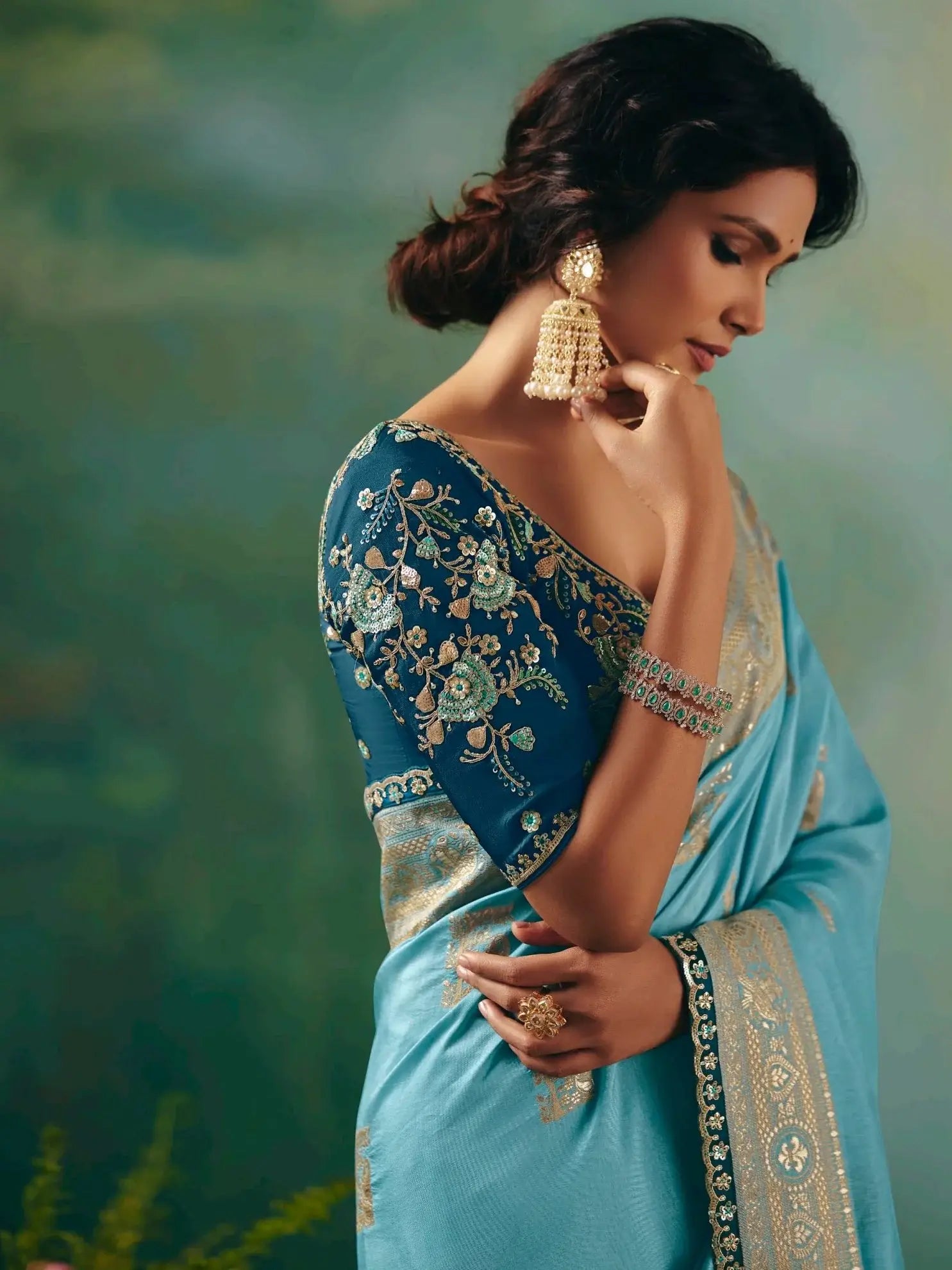 Breathtaking Sky Blue Zari Work Tissue Bridesmaid Saree With Blouse