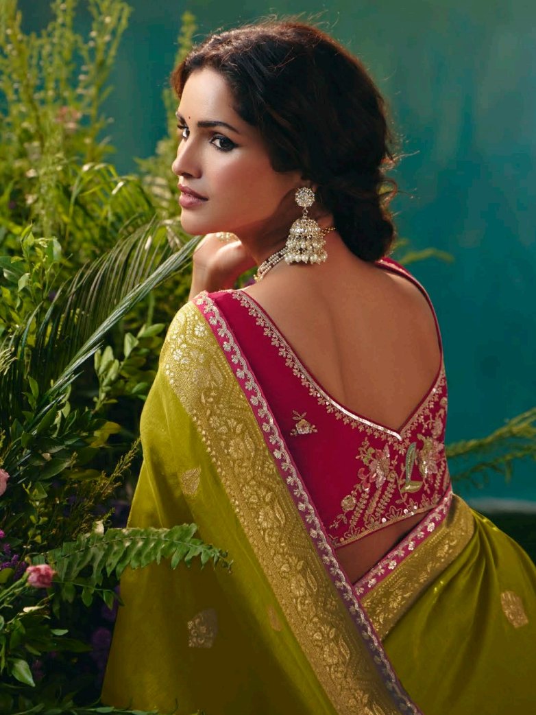 Awesome Olive Green Floral Embroidered Tissue Designer Saree With Blouse