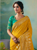 Super Mustard Yellow Embroidered Tissue Event Wear Saree With Blouse