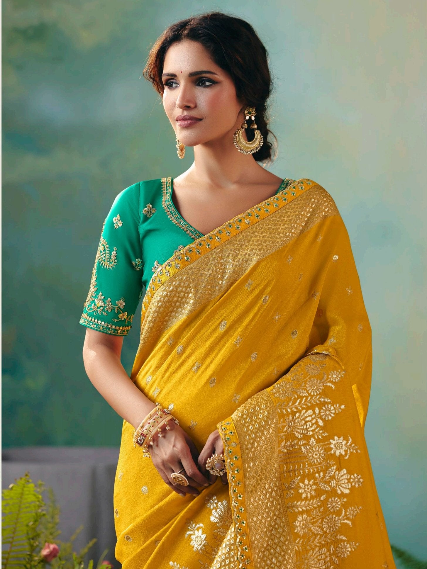 Super Mustard Yellow Embroidered Tissue Event Wear Saree With Blouse