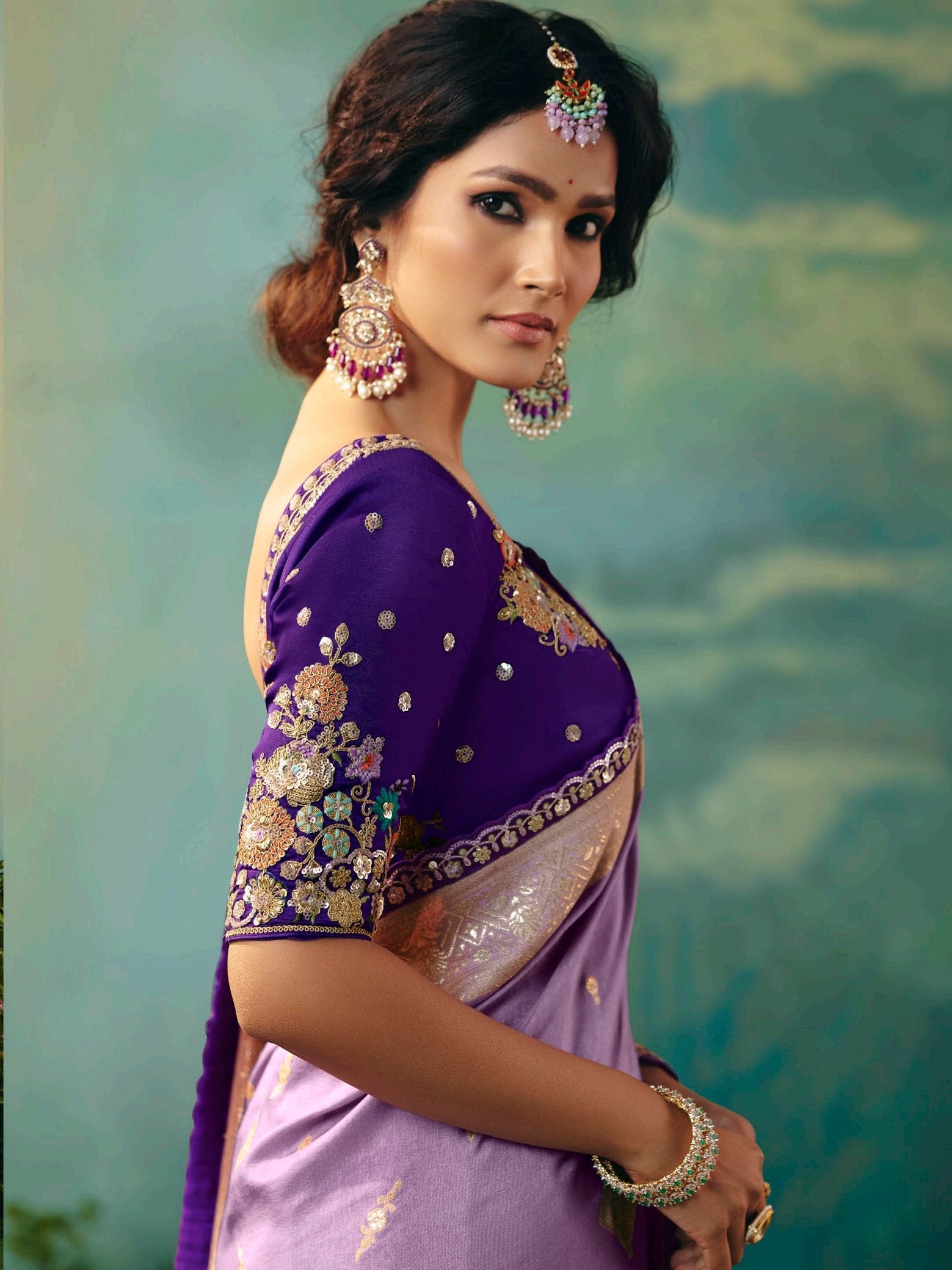 Alluring Lavender Sequins Work Tissue Wedding Wear Saree With Blouse