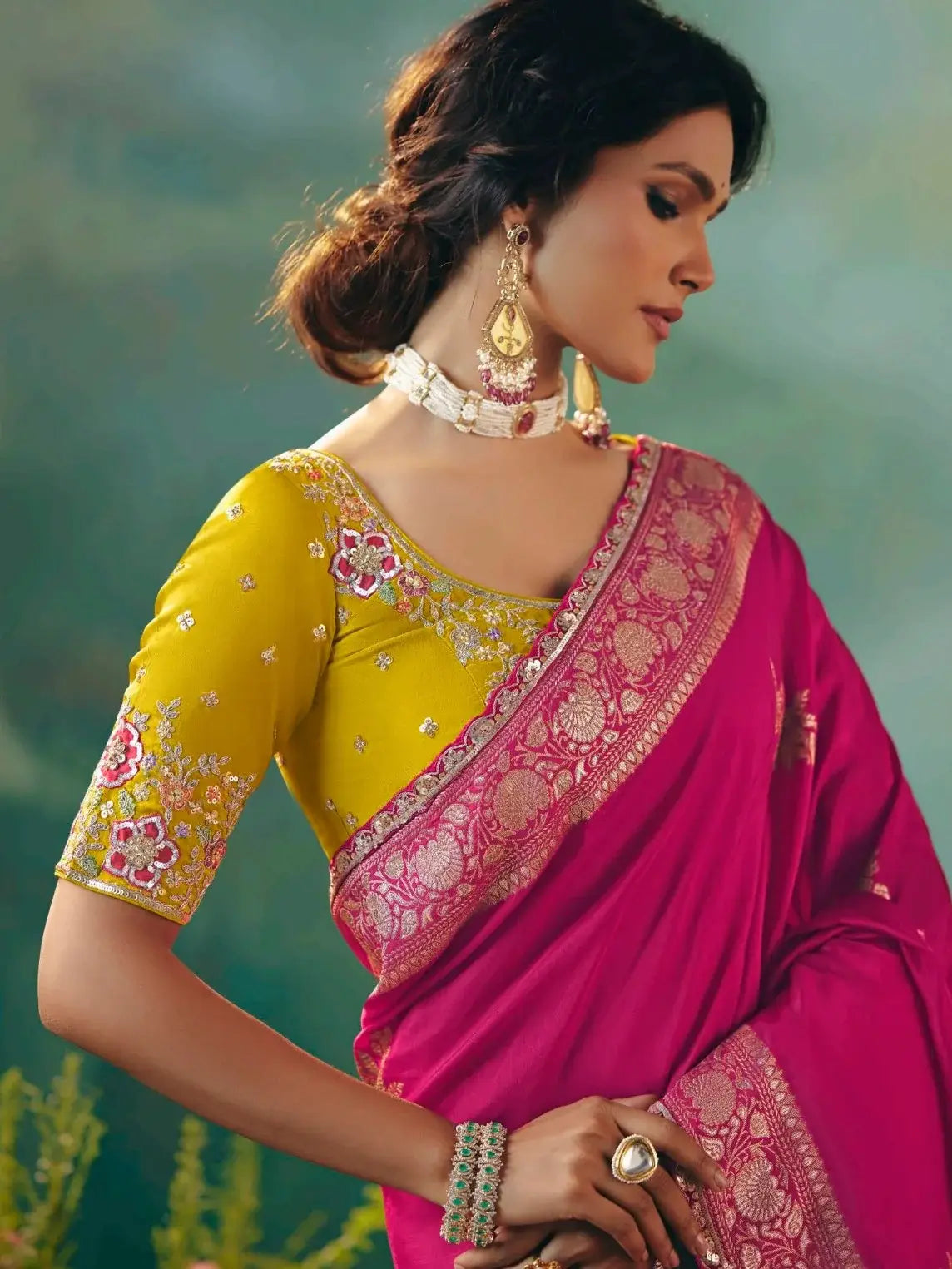 Pretty Rani Pink Sequin Tissue Engagement Wear Saree With Blouse