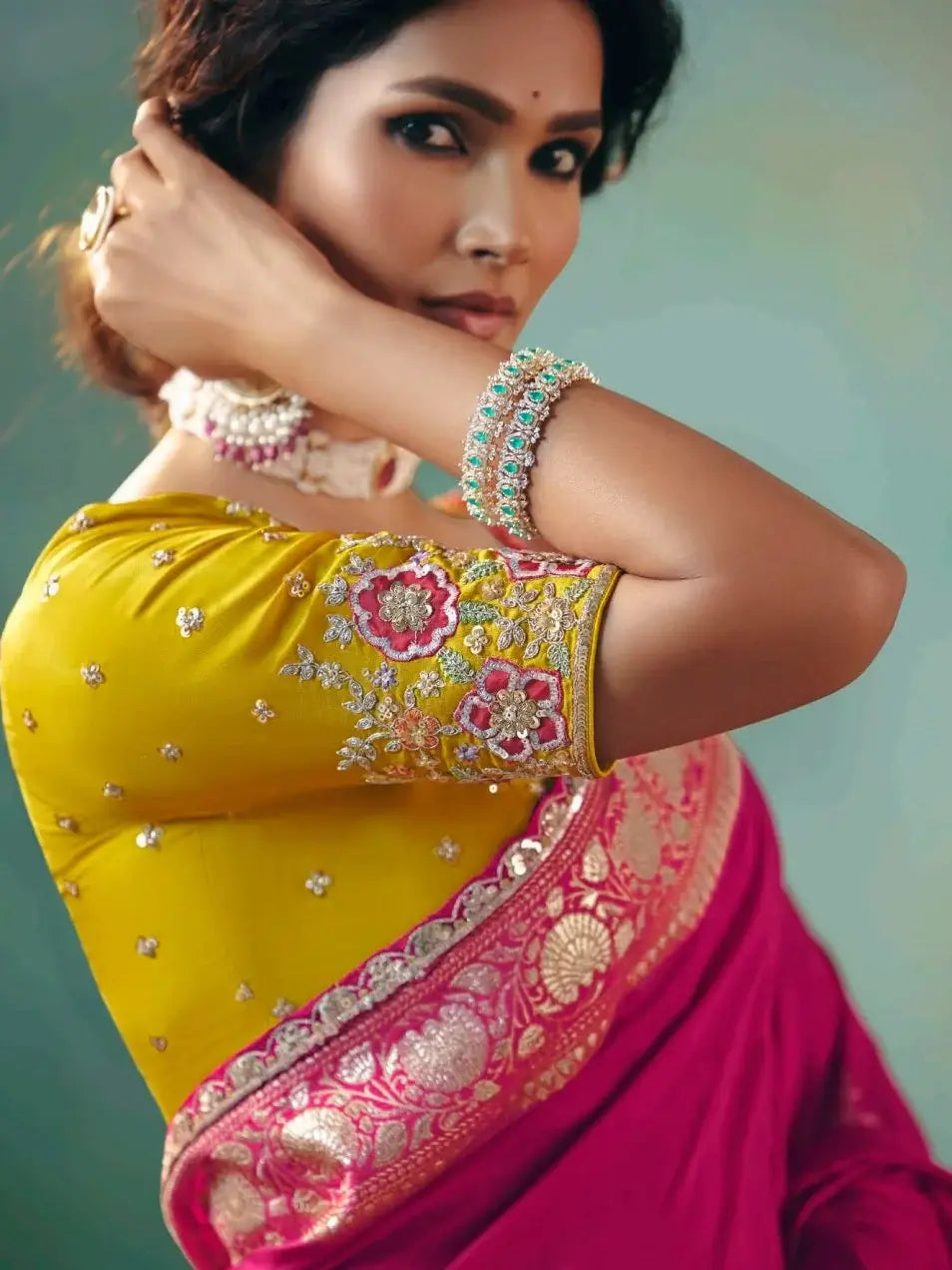 Pretty Rani Pink Sequin Tissue Engagement Wear Saree With Blouse