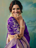 Incredible Purple Hand Work Tissue Wedding Wear Saree With Blouse
