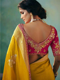 Stunning Mustard Yellow Floral Embroidery Tissue Haldi Wear Saree With Blouse