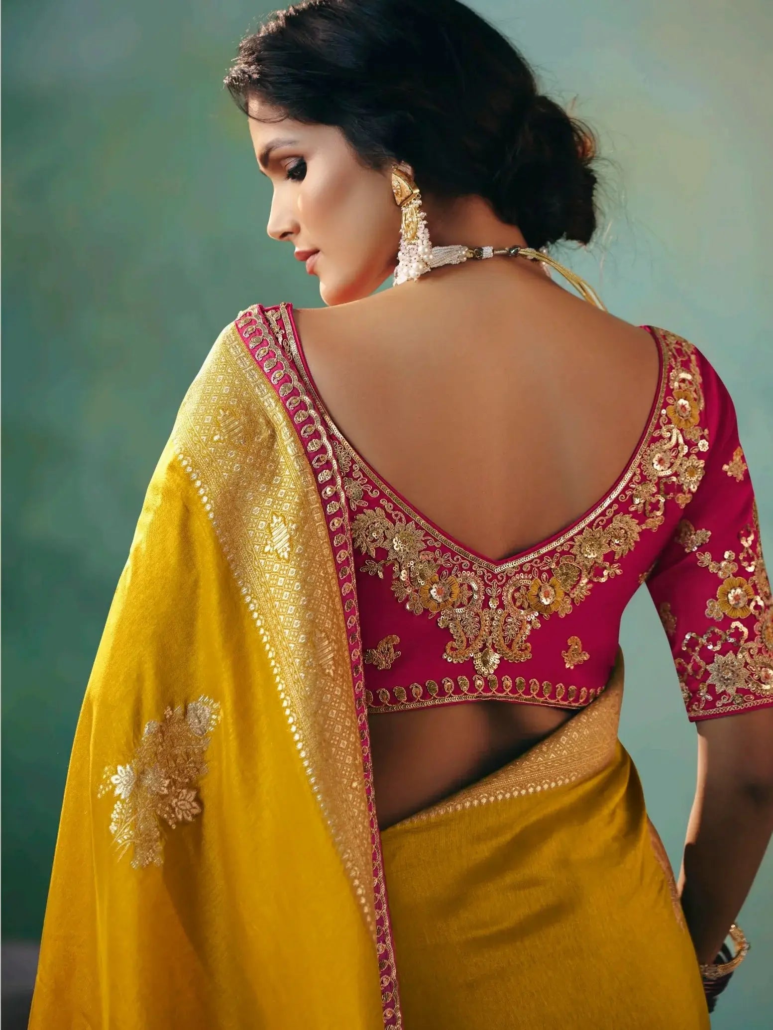Stunning Mustard Yellow Floral Embroidery Tissue Haldi Wear Saree With Blouse