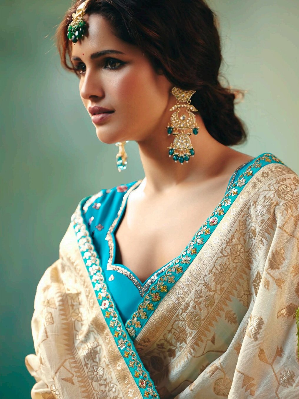 Elegant Off-White Zari Weaving Tissue Evening Wear Saree With Blouse