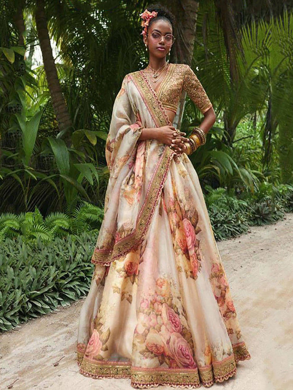 Attractive Off White Floral Printed Organza Wedding Wear Lehenga Choli