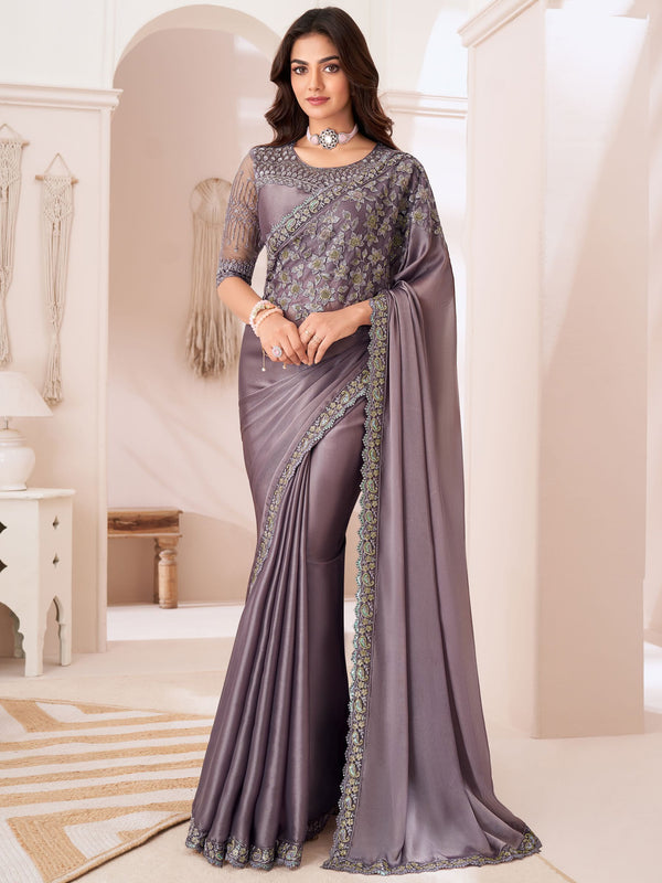 Attractive Dusty Purple Embroidered Georgette Designer Saree