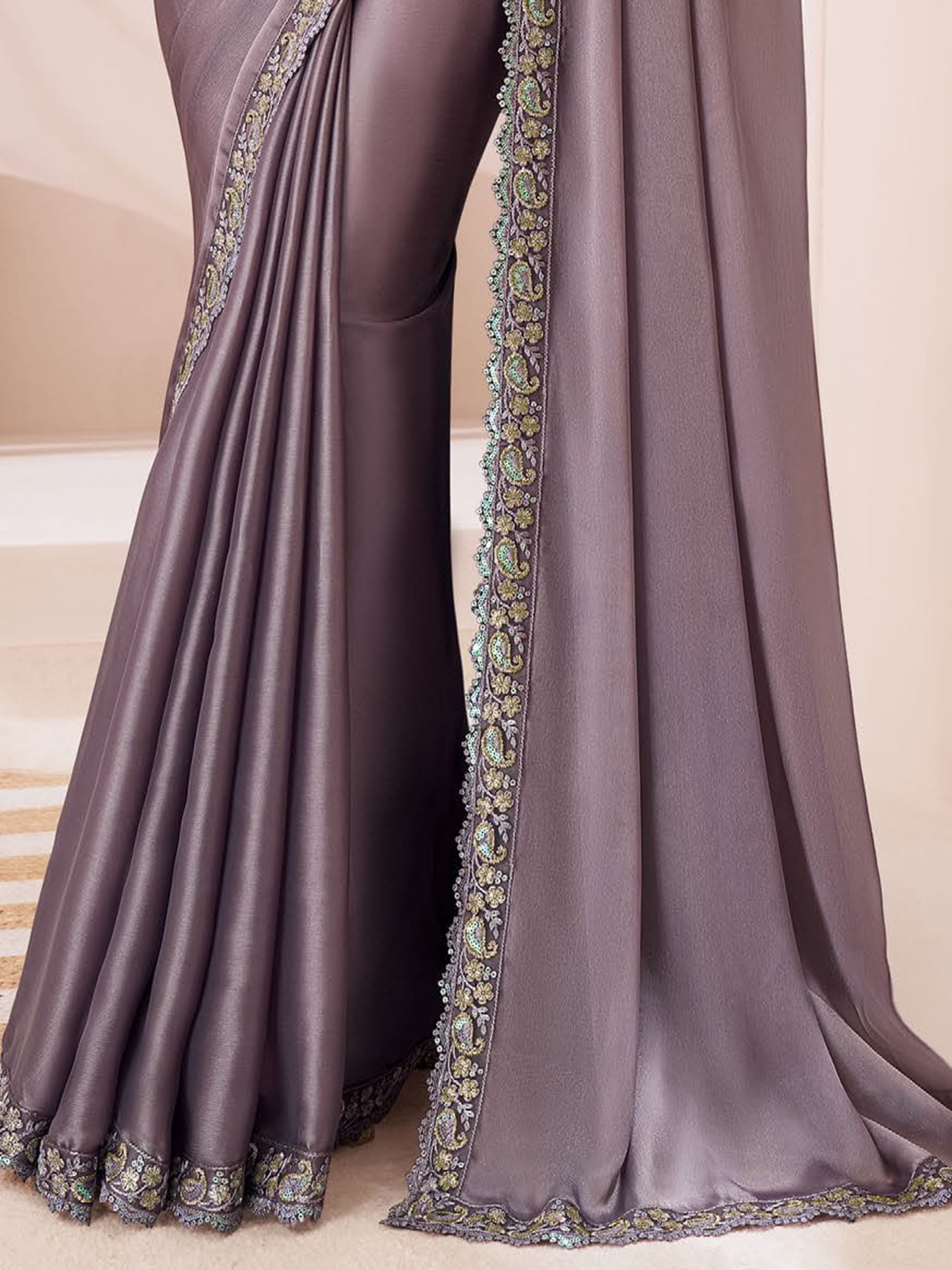Attractive Dusty Purple Embroidered Georgette Designer Saree