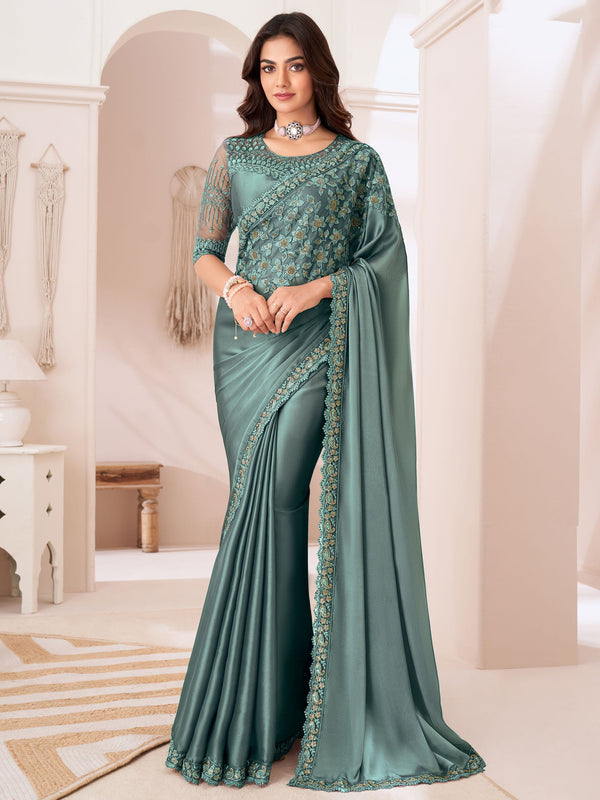 Pretty Dusty Sea Green Embroidered Georgette Party Wear Saree