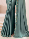 Pretty Dusty Sea Green Embroidered Georgette Party Wear Saree