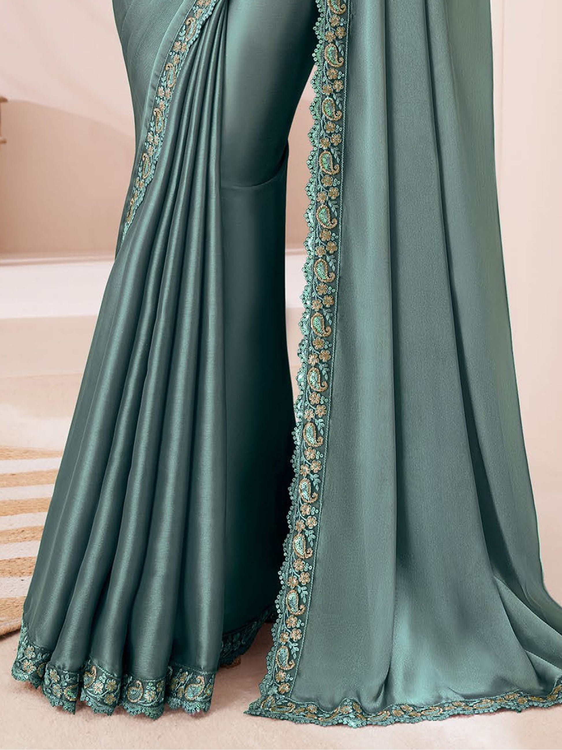 Pretty Dusty Sea Green Embroidered Georgette Party Wear Saree