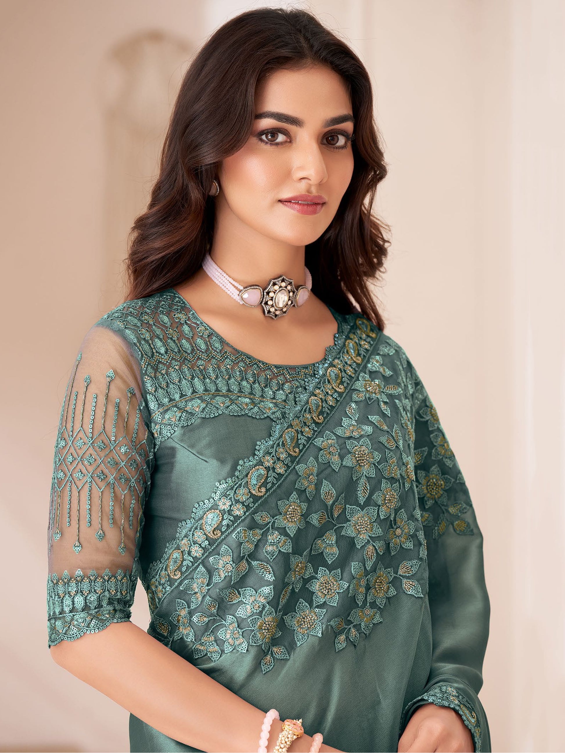 Pretty Dusty Sea Green Embroidered Georgette Party Wear Saree