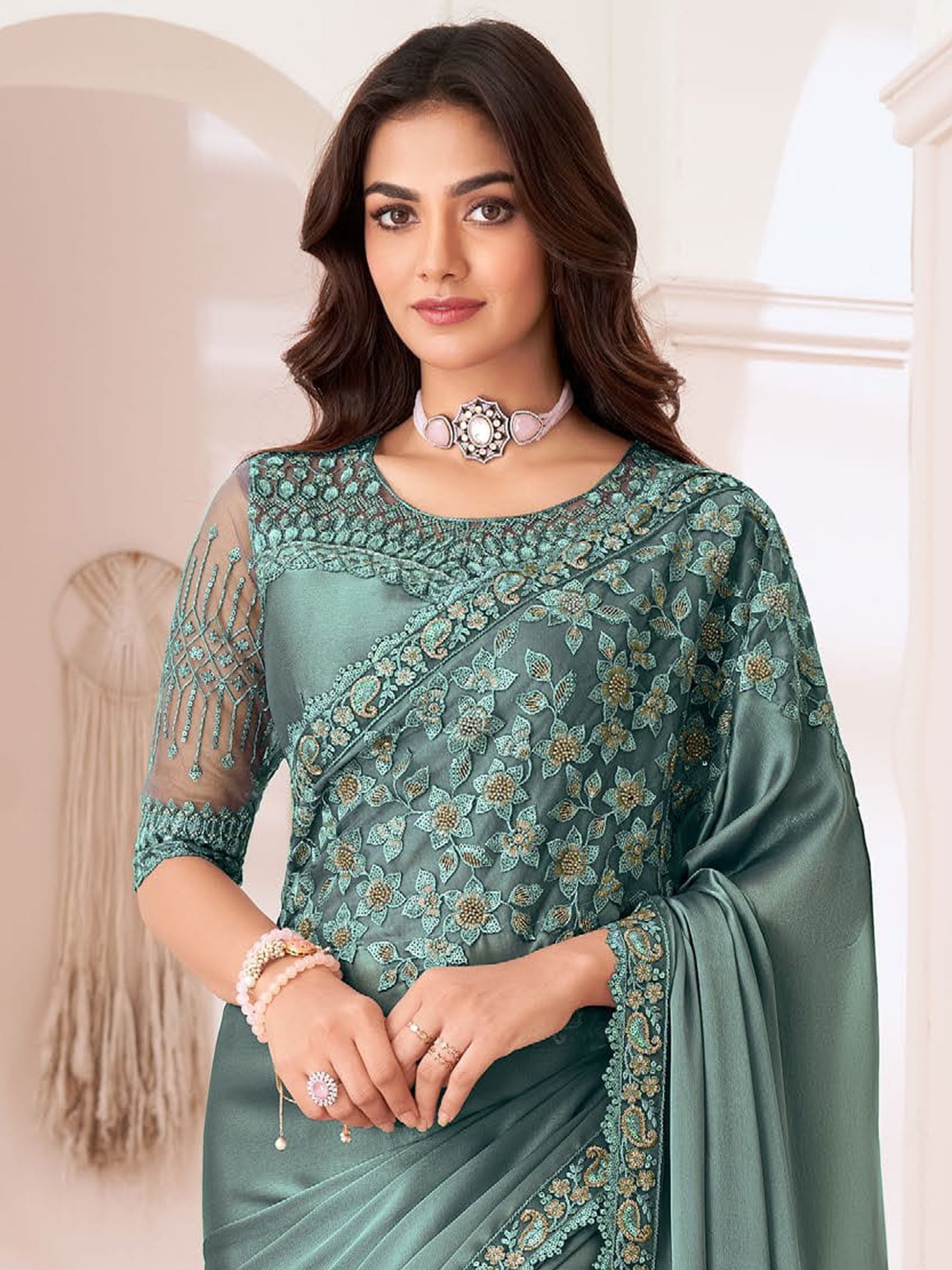 Pretty Dusty Sea Green Embroidered Georgette Party Wear Saree