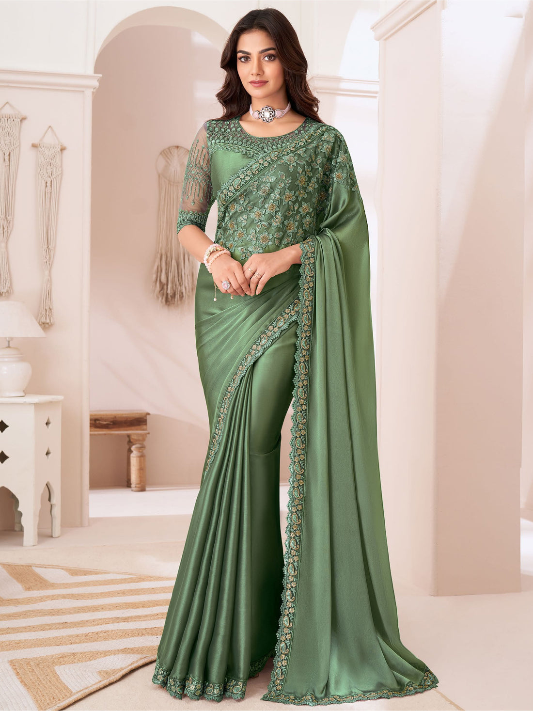 Alluring Dusty Green Heavy Border Work Georgette Event Wear Saree
