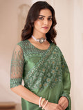 Alluring Dusty Green Heavy Border Work Georgette Event Wear Saree