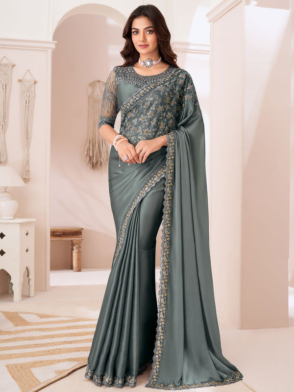 Beautiful Grey Embroidered Georgette Reception Wear Saree With Blouse