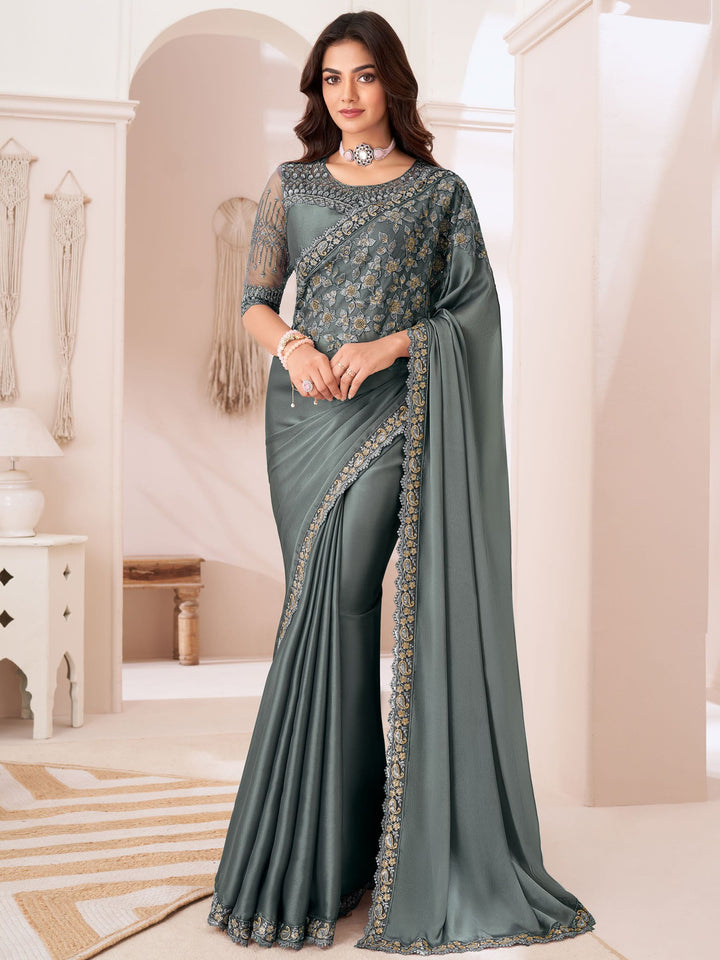 Beautiful Grey Embroidered Georgette Reception Wear Saree With Blouse