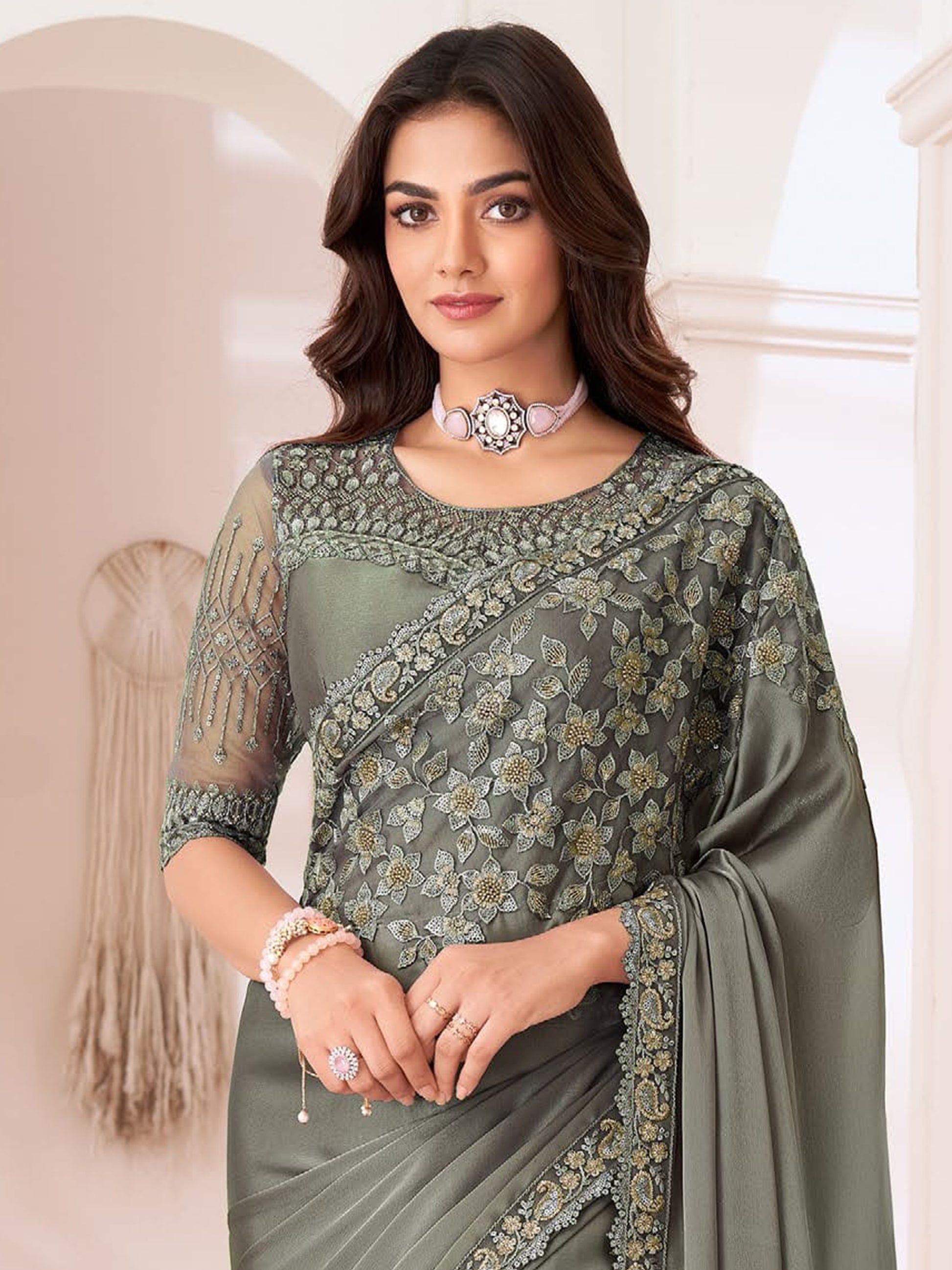 Awesome Dusty Grey Heavy Border Work Georgette Party Wear Saree