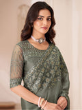 Awesome Dusty Grey Heavy Border Work Georgette Party Wear Saree