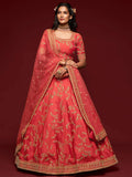 Satisfying Coral Red Thread Embroidery Art Silk Wedding Lehenga Choli - Zeel Clothing