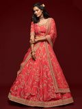 Satisfying Coral Red Thread Embroidery Art Silk Wedding Lehenga Choli - Zeel Clothing