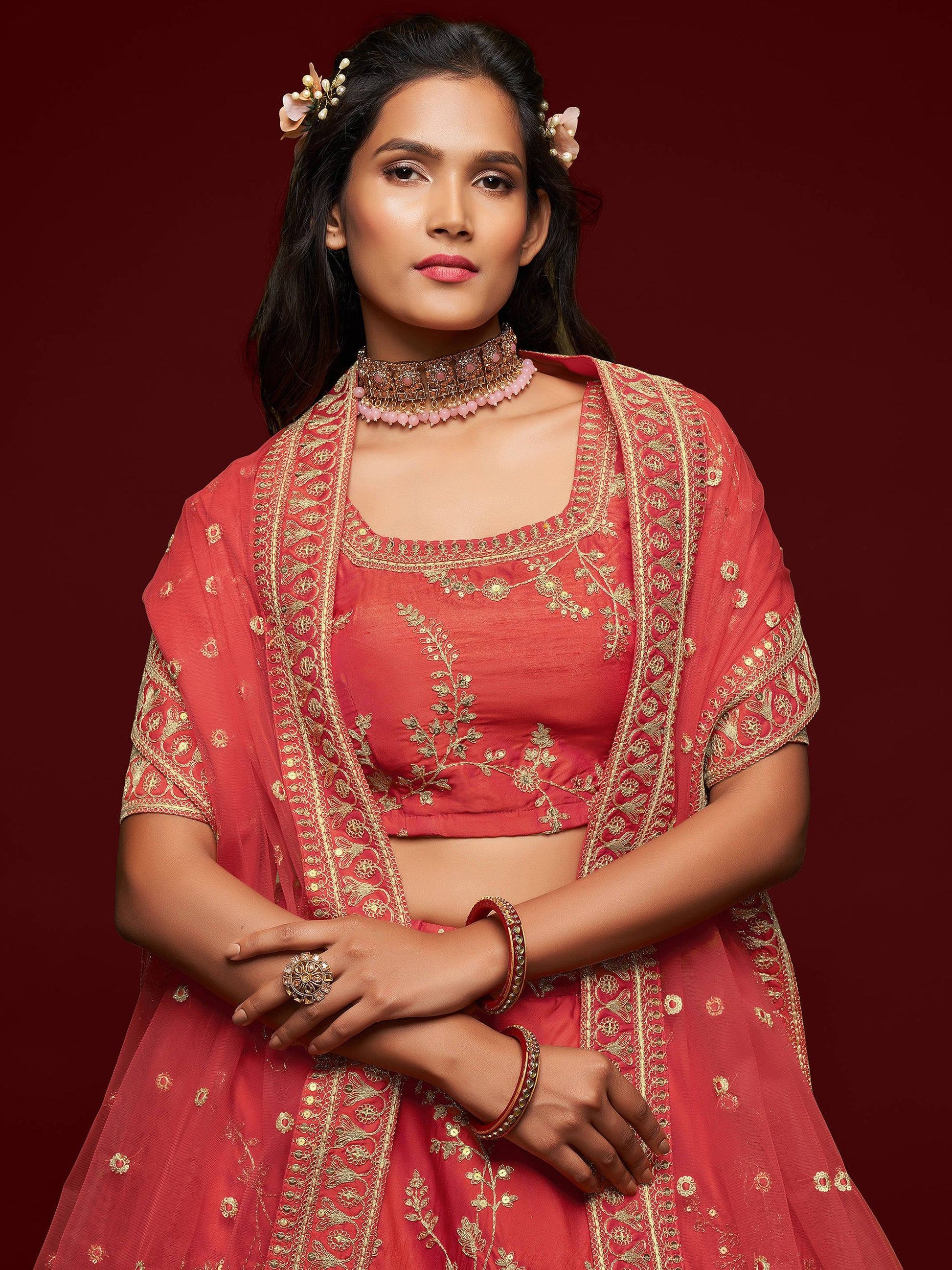 Satisfying Coral Red Thread Embroidery Art Silk Wedding Lehenga Choli - Zeel Clothing