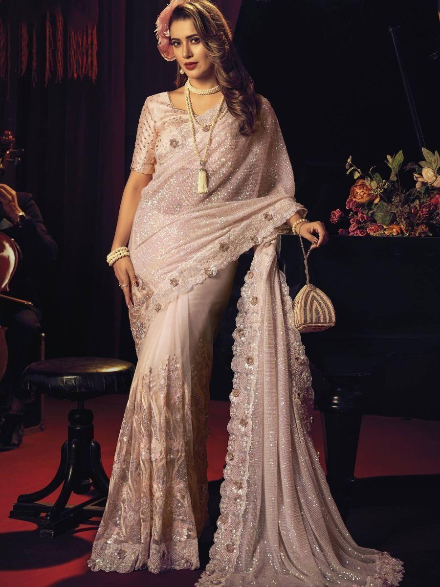 Satisfying Peach Sequins Work Net Party Wear Saree With Blouse - Zeel Clothing