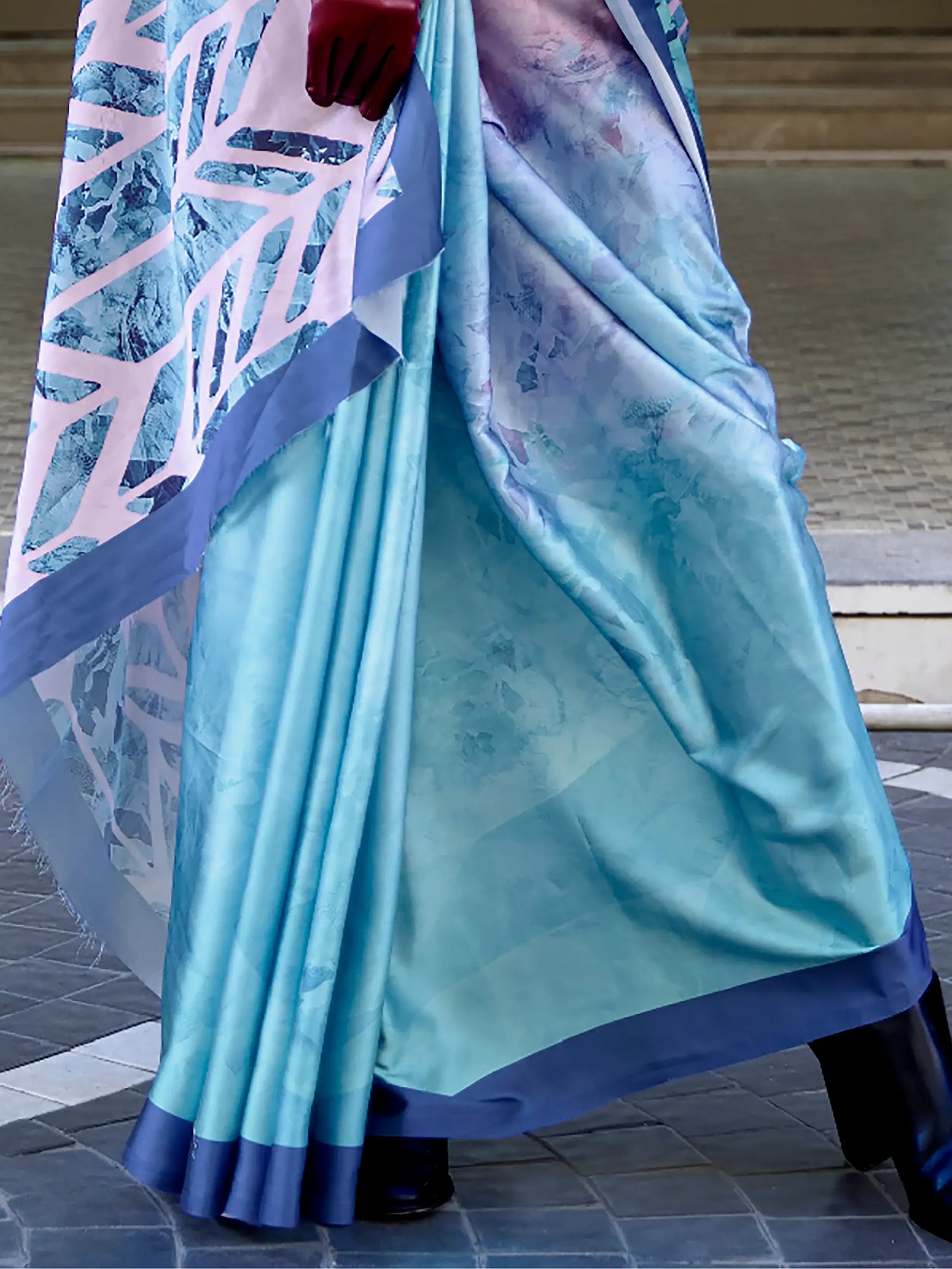 Satisfying Pink And Blue Digital Printed Satin Saree With Blouse - Zeel Clothing