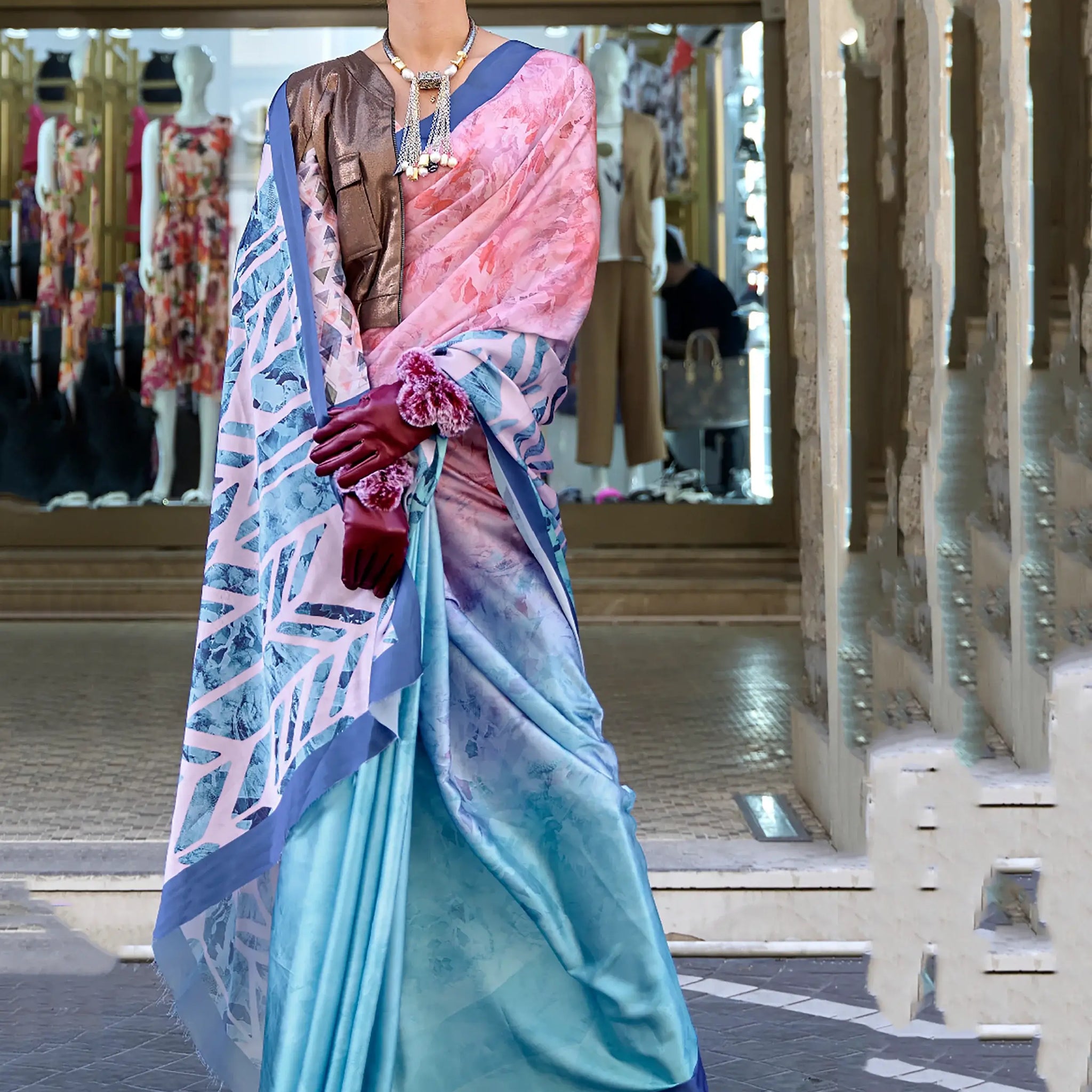 Satisfying Pink And Blue Digital Printed Satin Saree With Blouse - Zeel Clothing