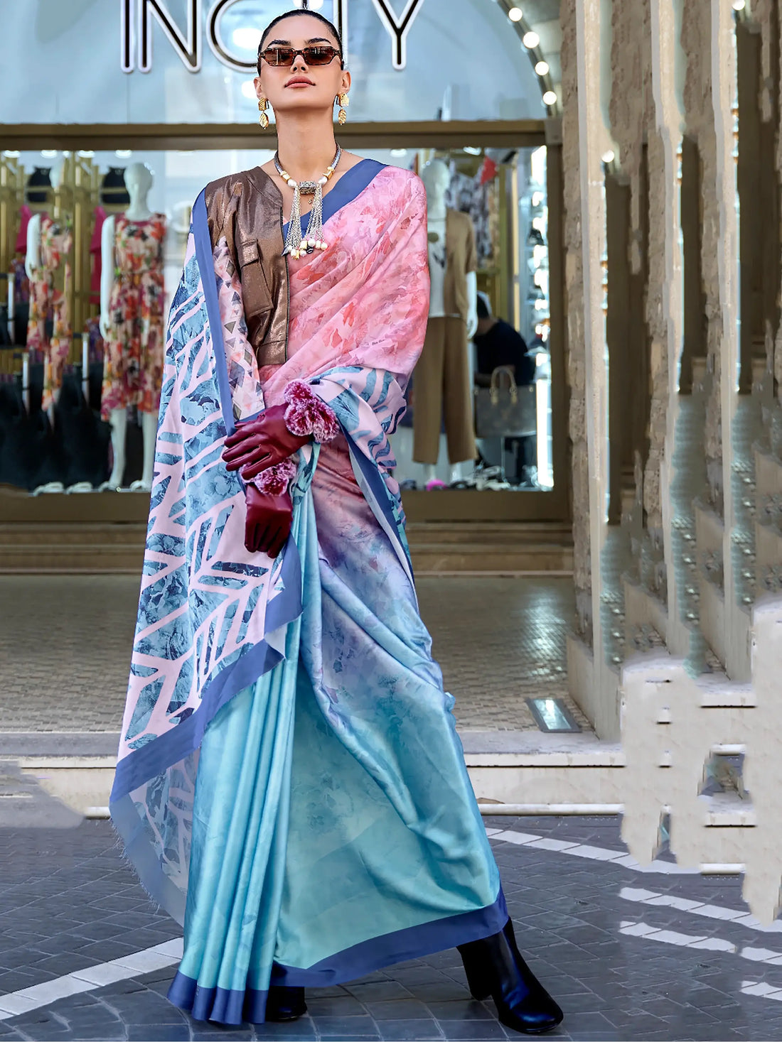 Satisfying Pink And Blue Digital Printed Satin Saree With Blouse - Zeel Clothing