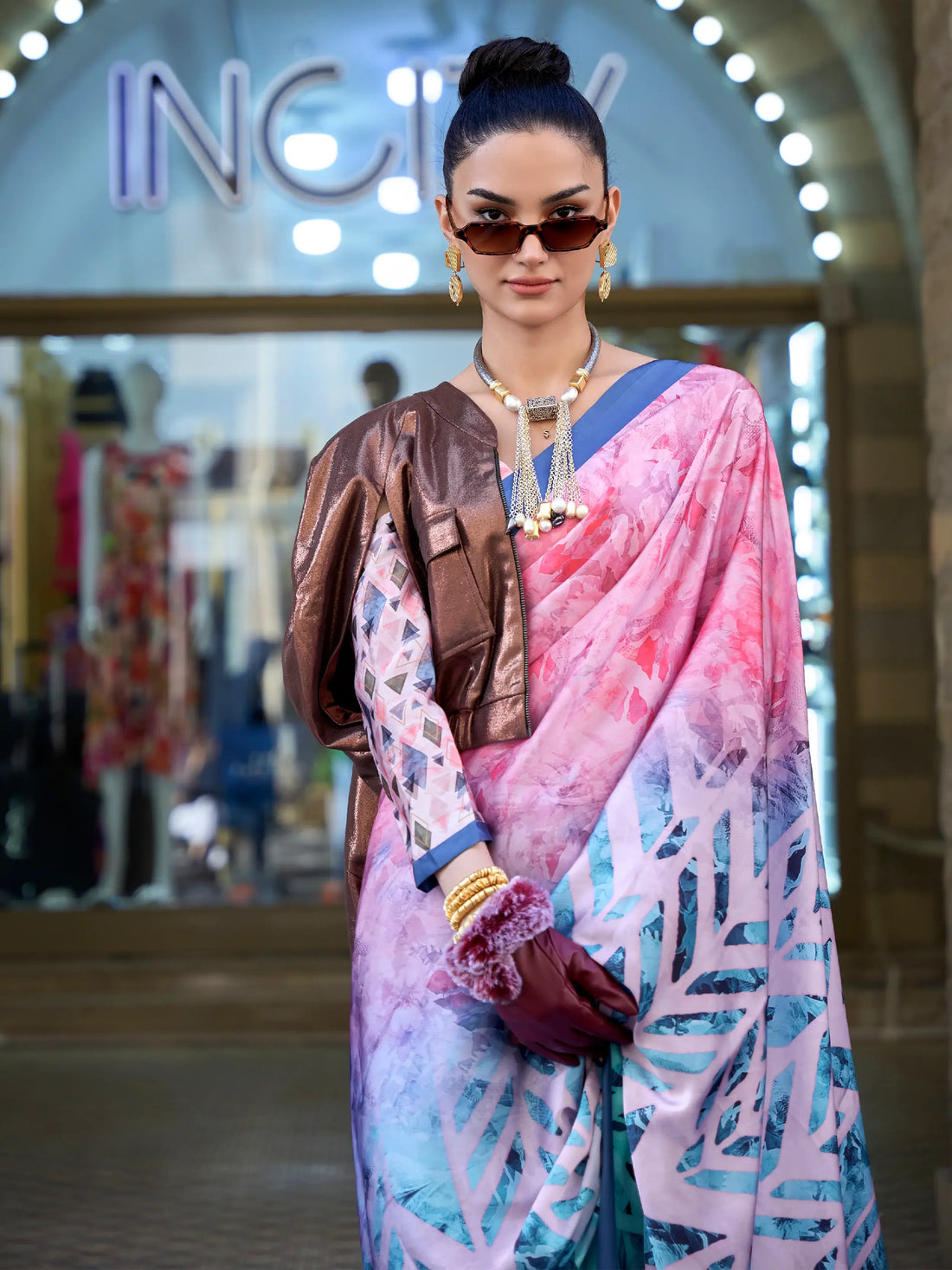 Satisfying Pink And Blue Digital Printed Satin Saree With Blouse - Zeel Clothing