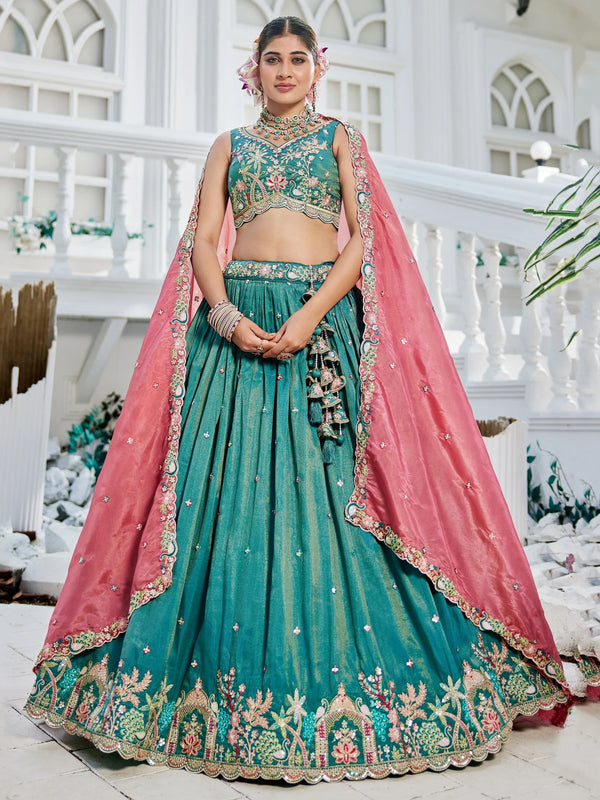 Sea Green Satin Sequins Embroidery Work Lehenga Choli With Dupatta - Zeel Clothing