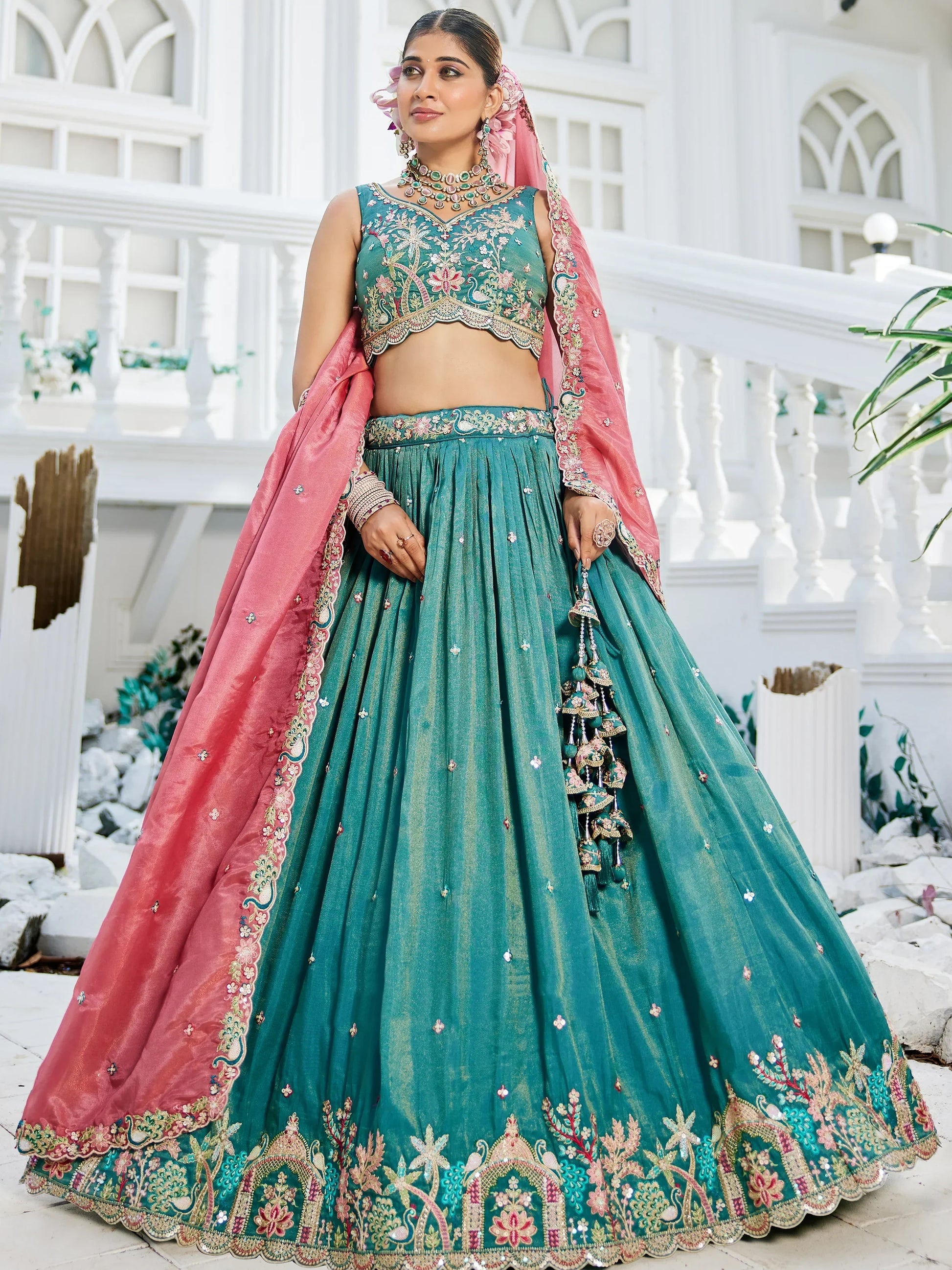 Sea Green Satin Sequins Embroidery Work Lehenga Choli With Dupatta - Zeel Clothing