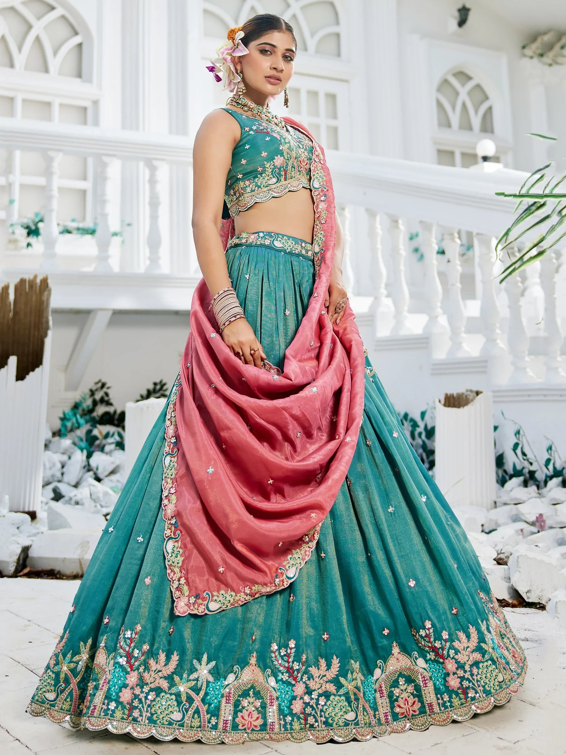 Sea Green Satin Sequins Embroidery Work Lehenga Choli With Dupatta - Zeel Clothing