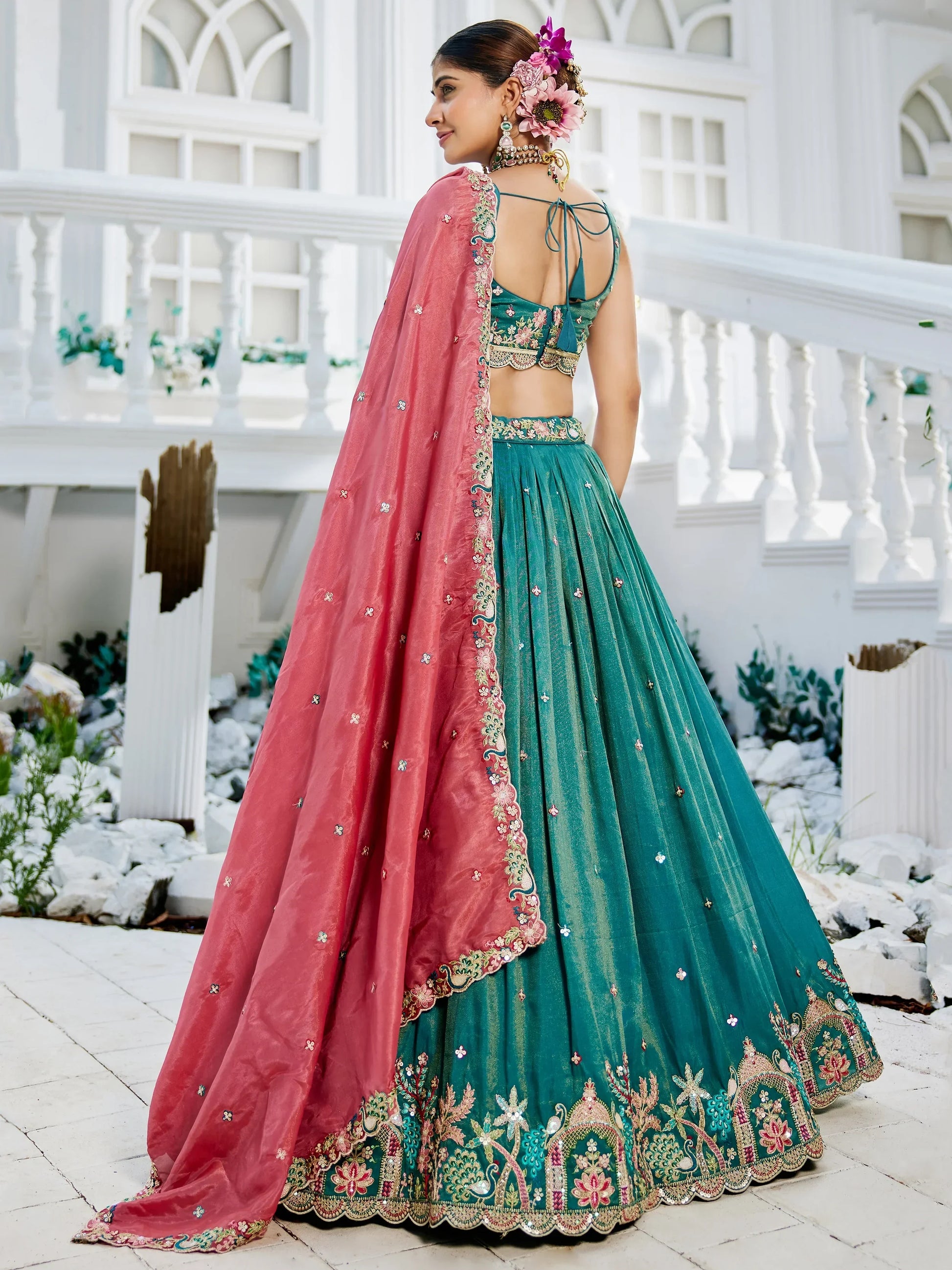 Sea Green Satin Sequins Embroidery Work Lehenga Choli With Dupatta - Zeel Clothing