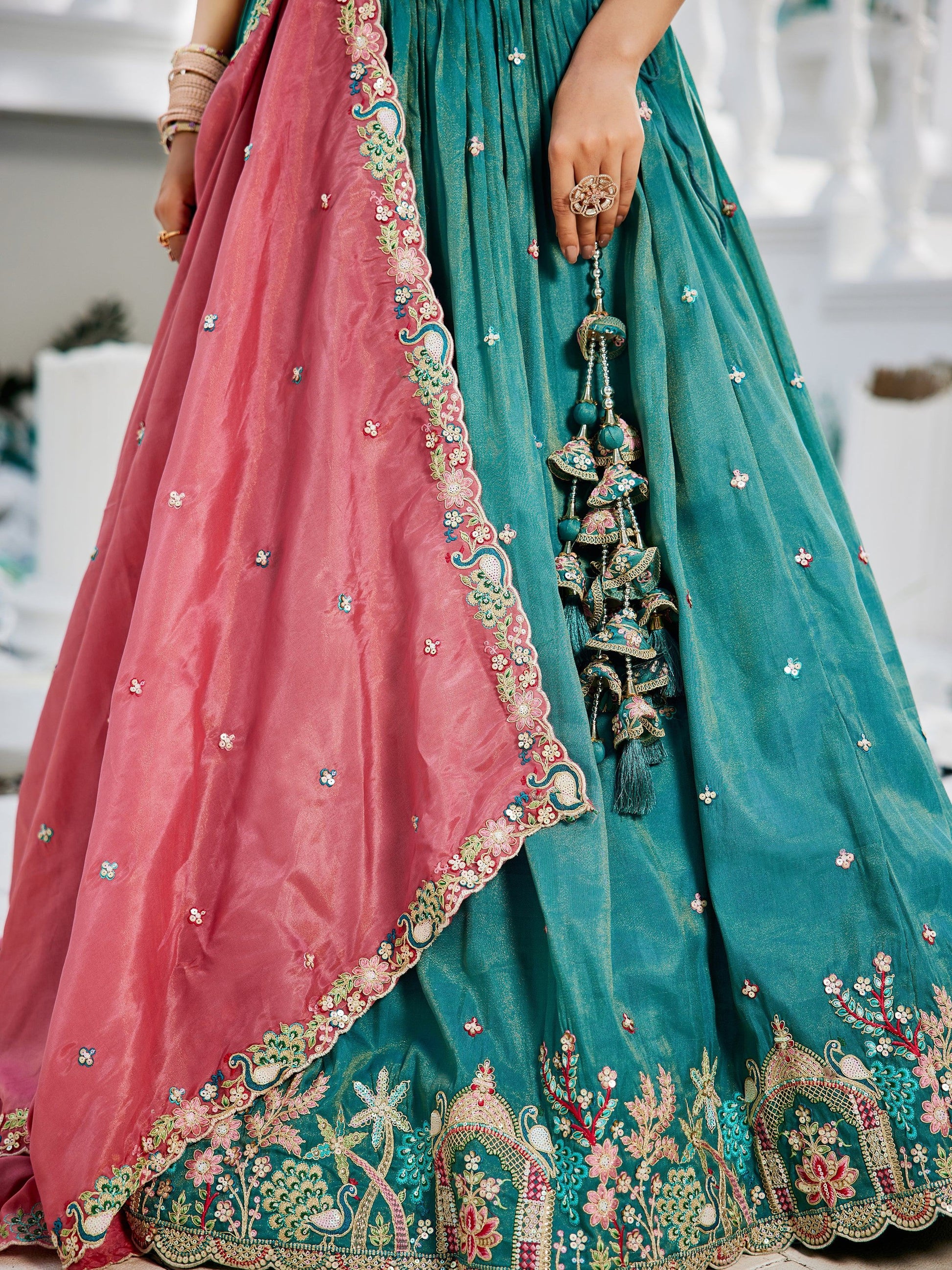 Sea Green Satin Sequins Embroidery Work Lehenga Choli With Dupatta - Zeel Clothing