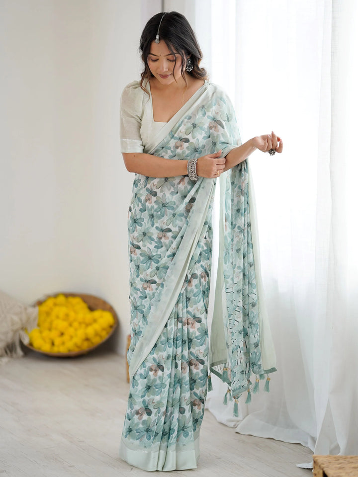 Sensational Green Digital Printed Georgette Mehendi Wear Saree With Blouse