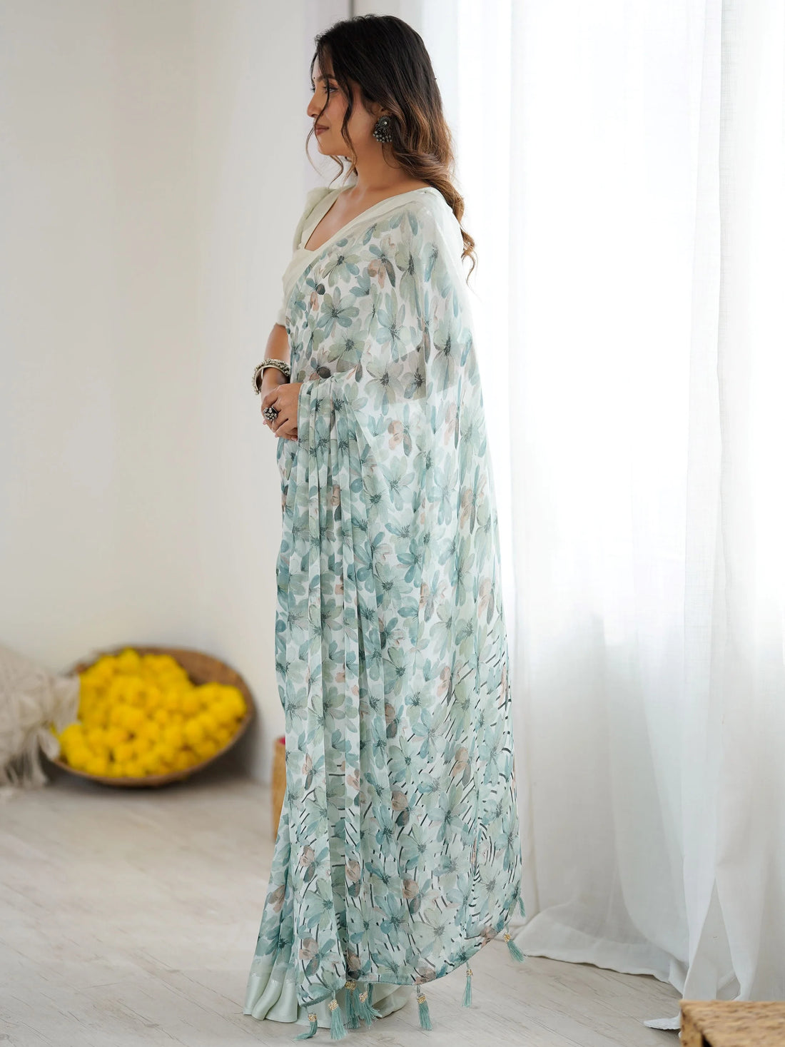 Sensational Green Digital Printed Georgette Mehendi Wear Saree With Blouse